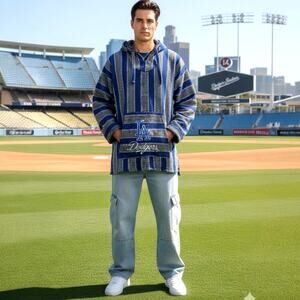 VTG y2k Textiles LA Dodgers Men's XXL Blue Gray Baja Hoodie Pullover Poncho